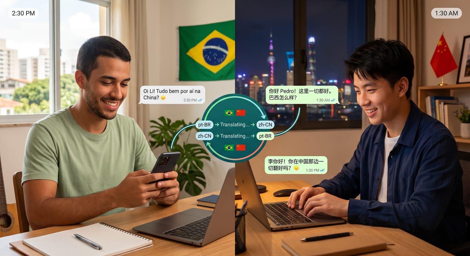 Brasileiro e chinês conversando pelo WhatsApp em fusos diferentes, com a Glór.ia traduzindo ao vivo